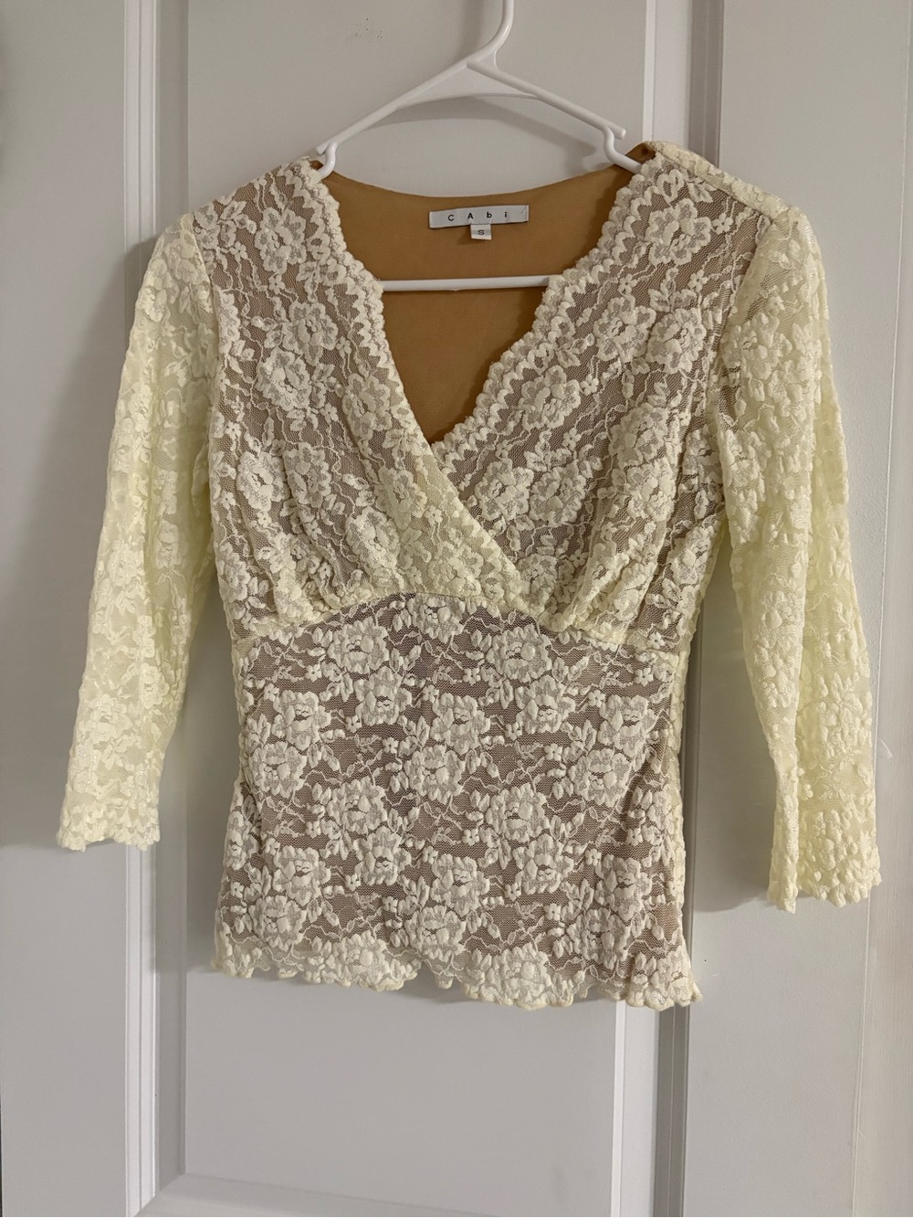 CAbi Cream Lace Wrap V-Neck Blouse S